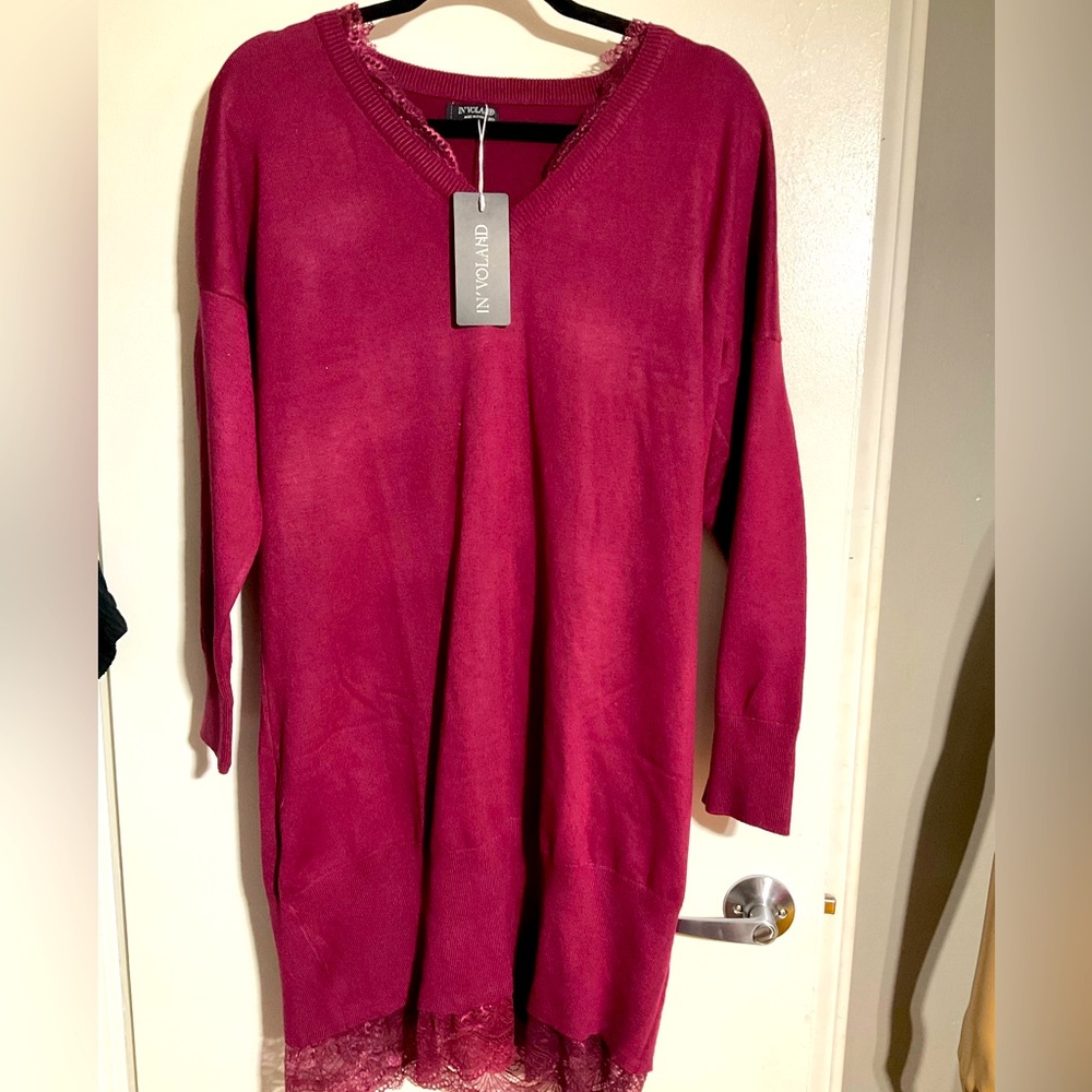 In’Voland women’s plus size lace front V neck knit cover sweater 3/4 sleeve